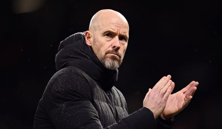 Manchester United Dutch manager Erik ten Hag applauds fans on the pitch after the English Premier League football match between Man United and Bournemouth at Old Trafford in Manchester, north west England, on December 9, 2023.