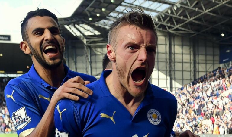 Jamie Vardy of Leicester City celebrates scoring their third goal with team mates during the Barclays Premier League match between West Bromwich Albion and Leicester City at The Hawthorns on April 11, 2015.
