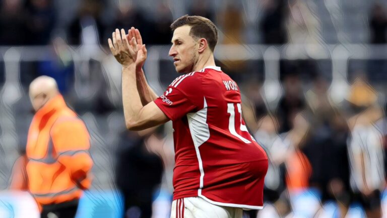 Chris Wood of Nottingham Forest applauds fans following their sides victory after the Premier League match between Newcastle United and Nottingham Forest at St. James Park on Boxing Day, 2023.
