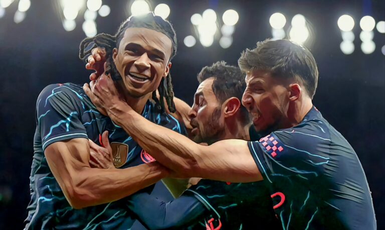 Manchester City's Nathan Ake celebrates scoring his side's first goal during the Emirates FA Cup Fourth Round match between Spurs and Man City at Tottenham Hotspur Stadium on January 26, 2024 in London, England. (Photo by Rob Newell - CameraSport via Getty Images)