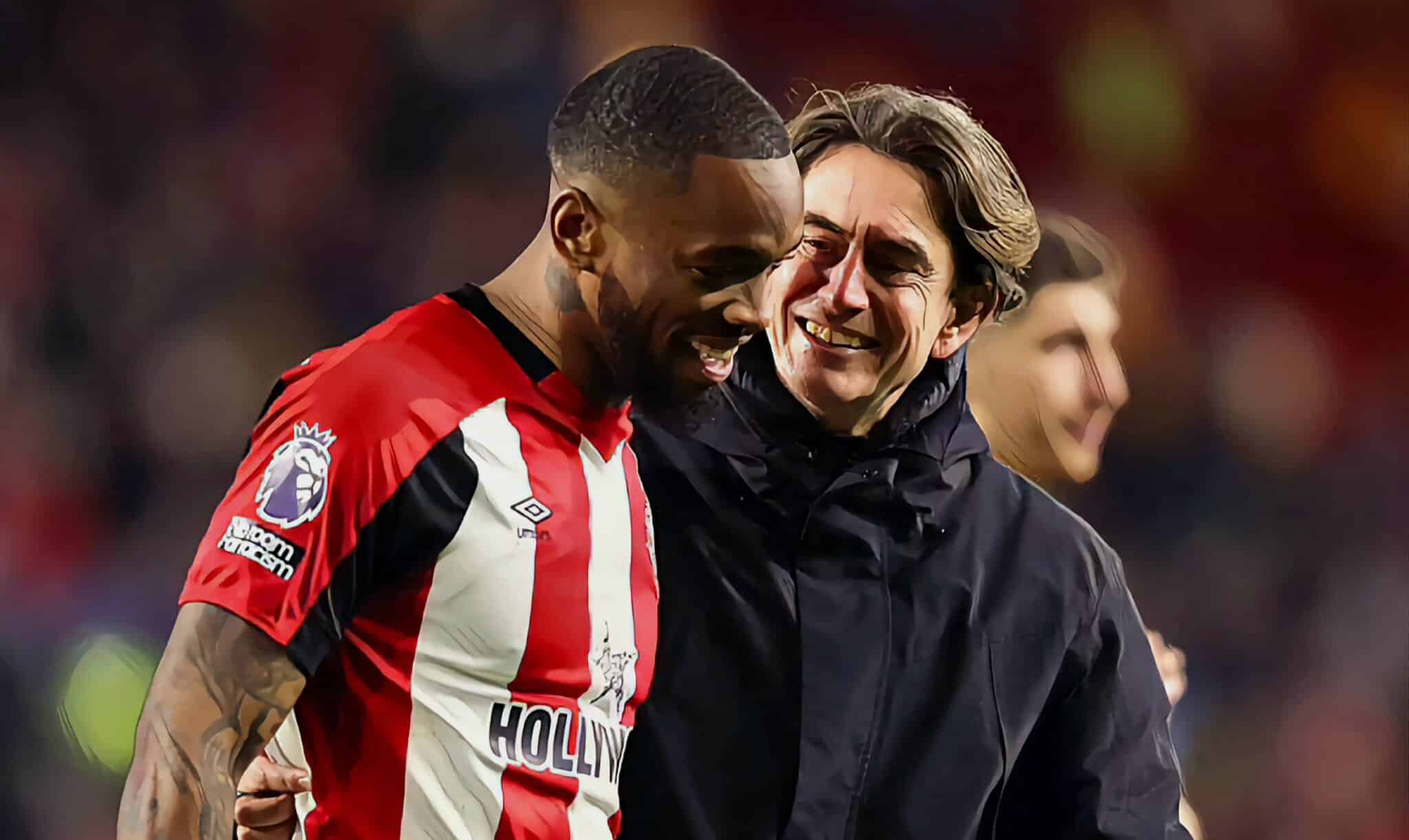 Thomas Frank, manager of Brentford, celebrates with Ivan Toney of Brentford after the Premier League match between Brentford FC and Nottingham Forest at Gtech Community Stadium on January 20, 2024 in Brentford, England. (Photo by James Gill - Danehouse/Getty Images)