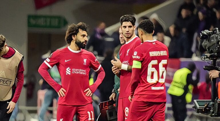 Mohamed SALAH of Liverpool FC Dominik SZOBOSZLAI of Liverpool FC and Trent ALEXANDER ARNOLD of Liverpool FC during the UEFA Europa League groupe E match between Toulouse Football Club and Liverpool Football Club at Stadium de Toulouse on November 9, 2023 in Toulouse, France. (Photo by Pierre Costabadie/Icon Sport via Getty Images)