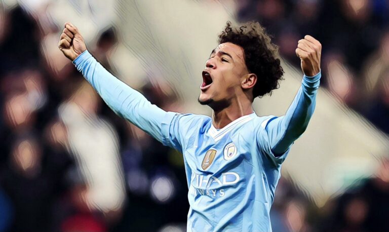Oscar Bobb of Manchester City celebrates after the team's victory in the Premier League match between Newcastle United and Man City at St. James Park on January 13, 2024.