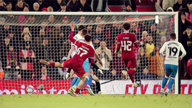 Lewis Koumas scores his first goal for Liverpool