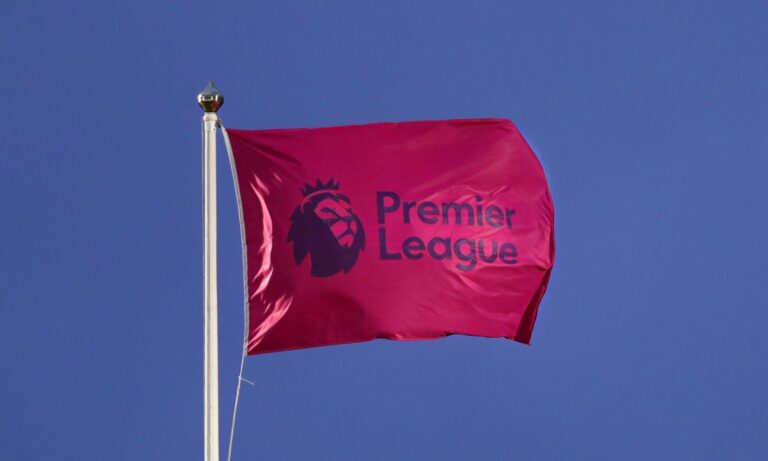 The Premier League logo on a flag during the Premier League match between Norwich City and Liverpool FC at Carrow Road on February 15, 2020