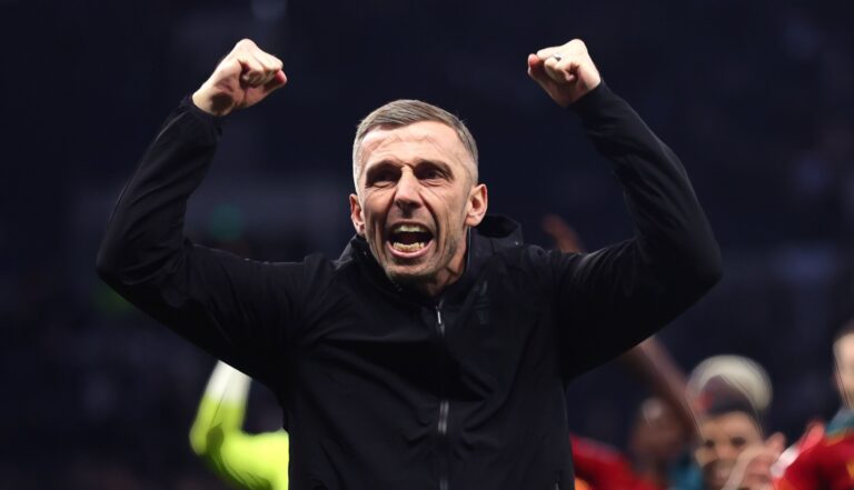 Wolves manager Gary O'Neil celebrates at full time during the Premier League match between Tottenham Hotspur and Wolverhampton Wanderers at Tottenham Hotspur Stadium on February 17, 2024 in London, England. (Photo by Chloe Knott - Danehouse/Getty Images)