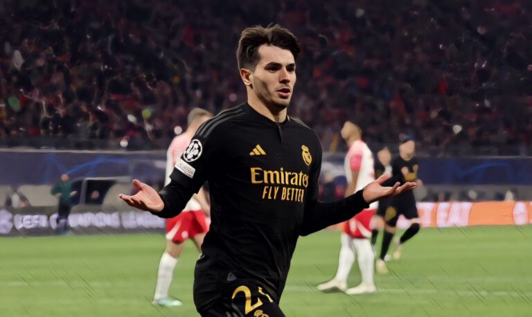 Brahim Diaz of Real Madrid celebrates scoring his team's first goal during the UEFA Champions League 2023/24 round of 16 first leg match between RB Leipzig and Real Madrid CF at Red Bull Arena on February 13, 2024.