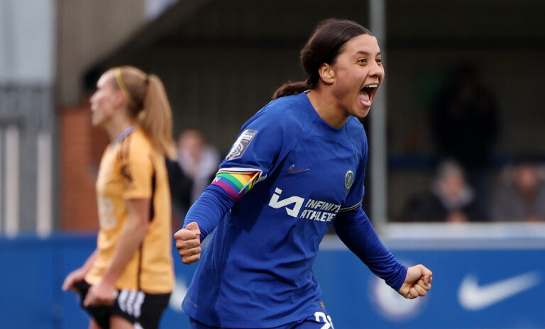 Sam Kerr of Chelsea celebrates after scoring the team's third goal during the Barclays Women´s Super League match between Chelsea FC and Leicester City at Kingsmeadow on November 26, 2023 in Kingston upon Thames, England.