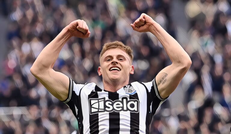 Harvey Barnes of Newcastle celebrates after scoring the 4th Newcastle goal during the Premier League match between Newcastle United and West Ham Utd at St. James Park on March 30, 2024 in Newcastle upon Tyne, England.
