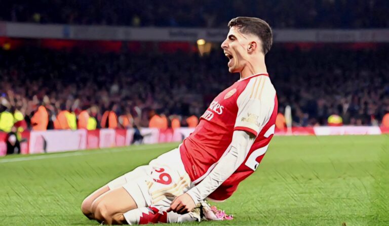 Kai Havertz of Arsenal celebrates scoring his team's second goal during the Premier League match between Arsenal FC and Brentford FC at Emirates Stadium on March 09, 2024 in London, England. (Photo by David Price/Arsenal FC via Getty Images)