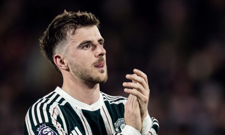 Manchester United's Mason Mount applauds his side's travelling supporters at the end of the match during the Premier League match between Brentford FC and Man Utd at Gtech Community Stadium on March 30, 2024