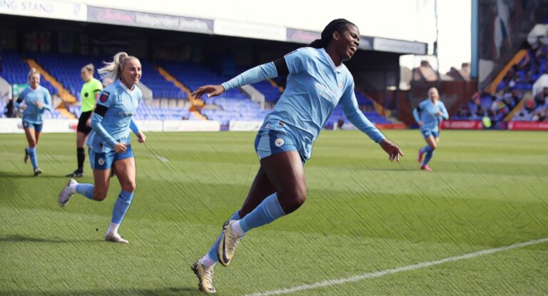 Khadija Shaw of Man City celebrates scoring her team's fourth goal during the Barclays Women´s Super League match between Liverpool FC and Manchester City at Prenton Park on March 30, 2024 in Birkenhead, England.