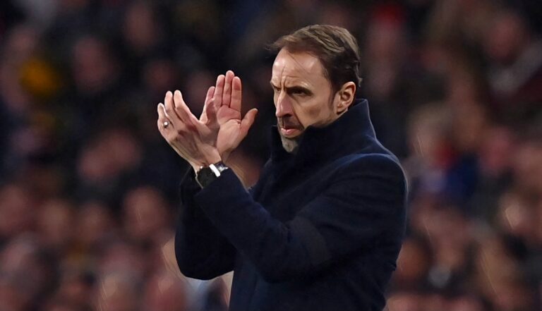 England manager Gareth Southgate gestures on the touchline during the international friendly football match between England and Brazil at Wembley stadium in north London on March 23, 2024.