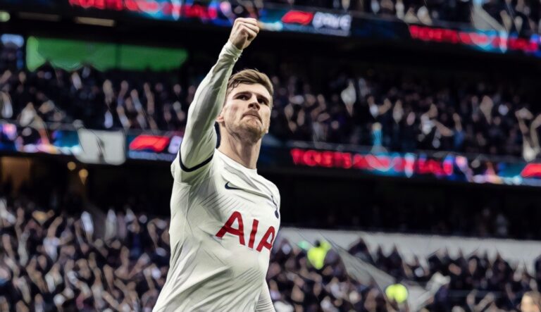Tottenham's Timo Werner celebrates scoring his side's first goal during the Premier League match between Spurs and Crystal Palace at Tottenham Hotspur Stadium on March 2, 2024