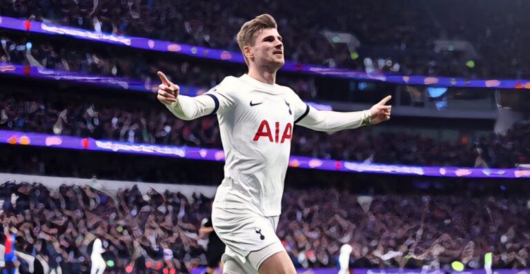 Timo Werner of Spurs celebrates scoring their teams first goal during the Premier League match between Tottenham and Crystal Palace at Tottenham Hotspur Stadium on March 02, 2024 in London, England. (Photo by Chloe Knott - Danehouse/Getty Images)