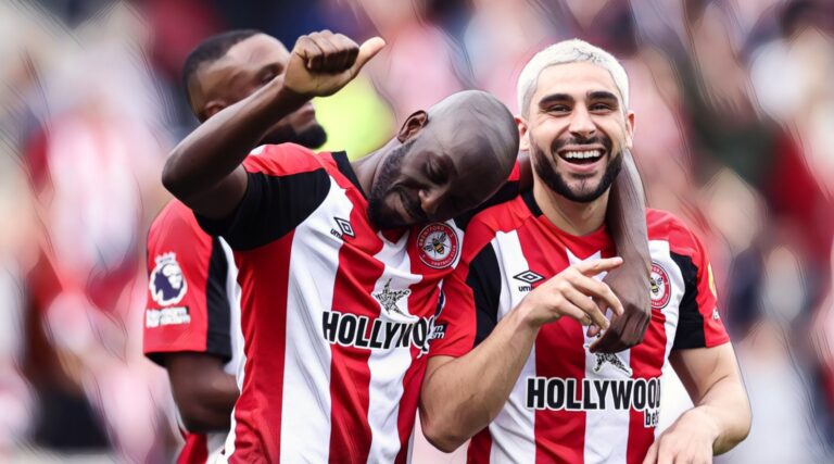 Yoane Wissa of Brentford celebrates victory with Neal Maupay of Brentford during the Premier League match between Brentford FC and Sheffield United at Gtech Community Stadium on April 13, 2024