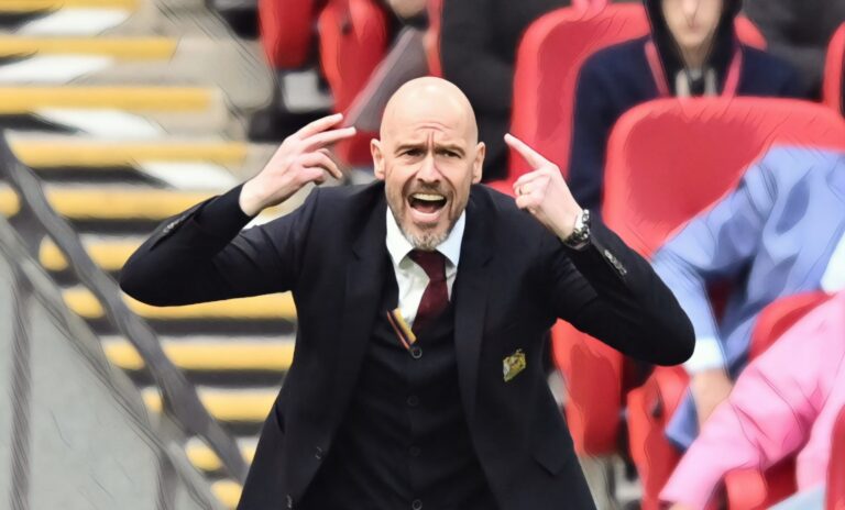 Manchester United manager Erik Ten Hag is pointing to his head during the FA Cup Semi-Final match between Coventry City and Man Utd at Wembley Stadium in London, on April 21, 2024.