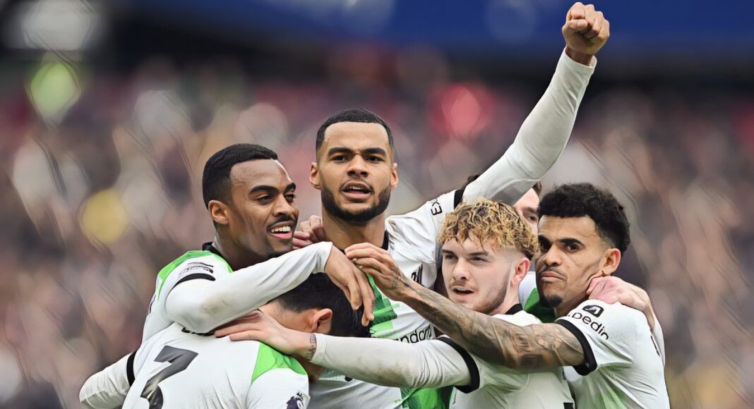 Cody Gakpo of Liverpool celebrates with team mates during the Premier League match between West Ham United and Liverpool FC at London Stadium on April 27, 2024