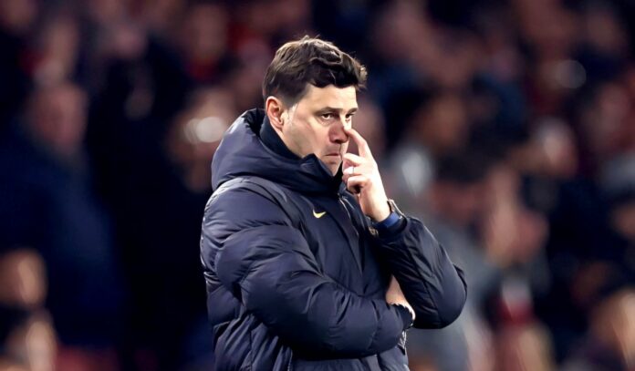 Mauricio Pochettino, Manager of Chelsea, looks dejected during the Premier League match between Arsenal FC and Chelsea FC at Emirates Stadium on April 23, 2024