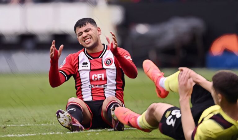Gustavo Hamer of Sheffield United reacts during the Premier League match between Sheffield United and Burnley FC at Bramall Lane on April 20, 2024 in Sheffield, England.