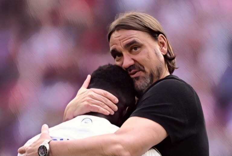 Wilfried Gnonto of Leeds United is consoled by Daniel Farke, Manager of Leeds United, after defeat to Southampton during the Sky Bet Championship Play Final match between Leeds United and Southampton at Wembley Stadium on May 26, 2024