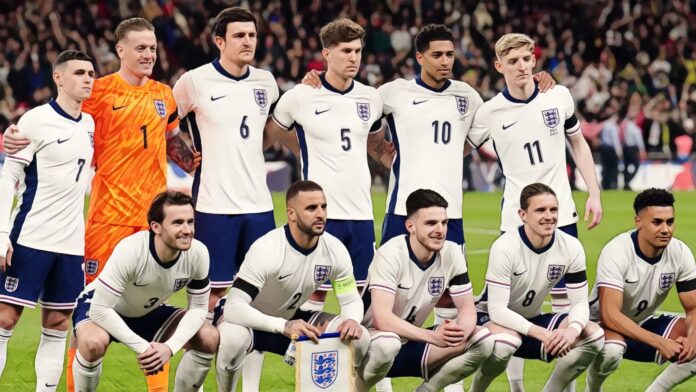 The England squad, featuring mostly footballers from the Premier League, pose for a team photo ahead of their friendly with Brazil in March, 2023.