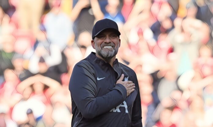 Jurgen Klopp manager of Liverpool showing his appreciation to the fans at the end of the Premier League match between Liverpool FC and Tottenham Hotspur at Anfield on May 05, 2024 in Liverpool, England.