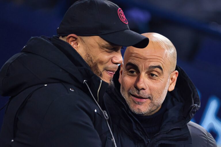 Josep 'Pep' Guardiola, manager of Manchester City, speaks with Vincent Kompany, manager of Burnley, during the Premier League match between Man City and Burnley FC at Etihad Stadium on January 31, 2024 in Manchester, England.