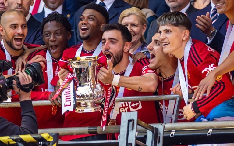 Manchester United are celebrating winning the FA Cup during the FA Cup Final between Manchester City and Man Utd at Wembley Stadium, London, on May 25, 2024.