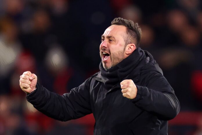 Roberto De Zerbi, Manager of Brighton & Hove Albion, celebrates following the team's victory during the Premier League match between Nottingham Forest and Brighton & Hove Albion at City Ground on November 25, 2023