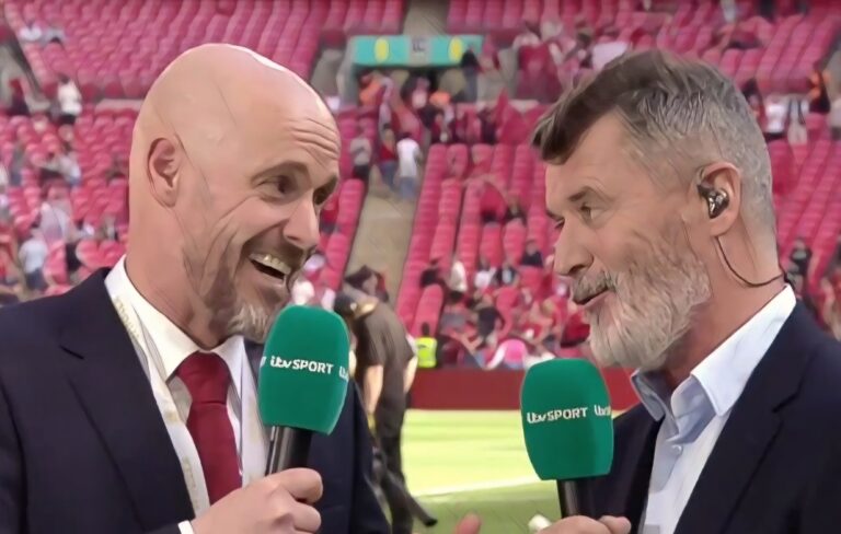 Man Utd manager Erik ten Hag and Roy Keane speak to each on ITV Sport after the FA Cup Final at Wembley Stadium, on 25 May 2024