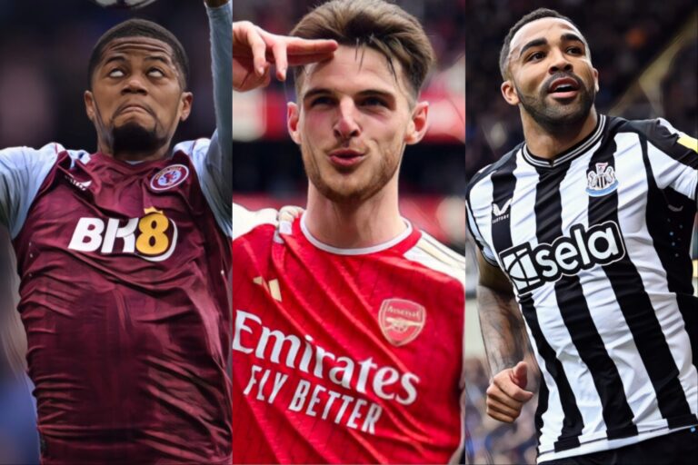 Aston Villa winger Leon Bailey, Arsenal midfielder Declan Rice, and Newcastle United striker Callum Wilson in Premier League action.