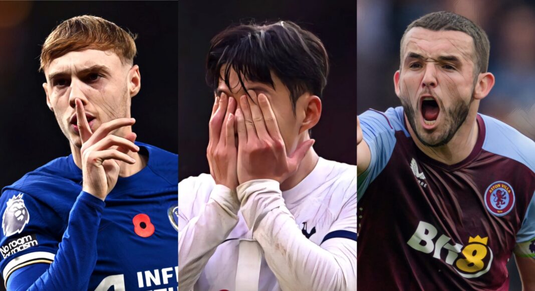 Premier League footballers Cole Palmer of Chelsea, Son Heung-min of Spurs, and John McGinn of Aston Villa.