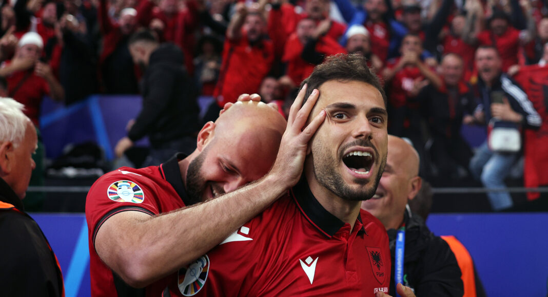Nedim Bajrami of Albania celebrates scoring the fastest goal in Euros history with teammates during the UEFA EURO 2024 group stage match between Italy and Albania at Football Stadium Dortmund on June 15, 2024 in Dortmund, Germany.