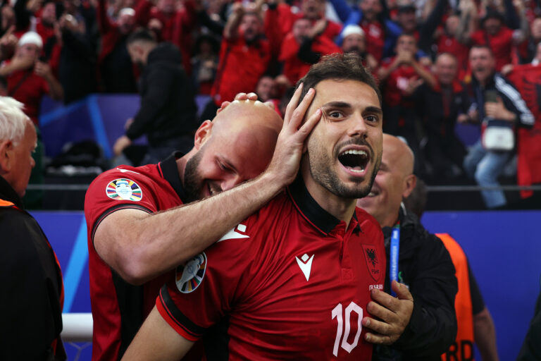 Nedim Bajrami of Albania celebrates scoring the fastest goal in Euros history with teammates during the UEFA EURO 2024 group stage match between Italy and Albania at Football Stadium Dortmund on June 15, 2024 in Dortmund, Germany.