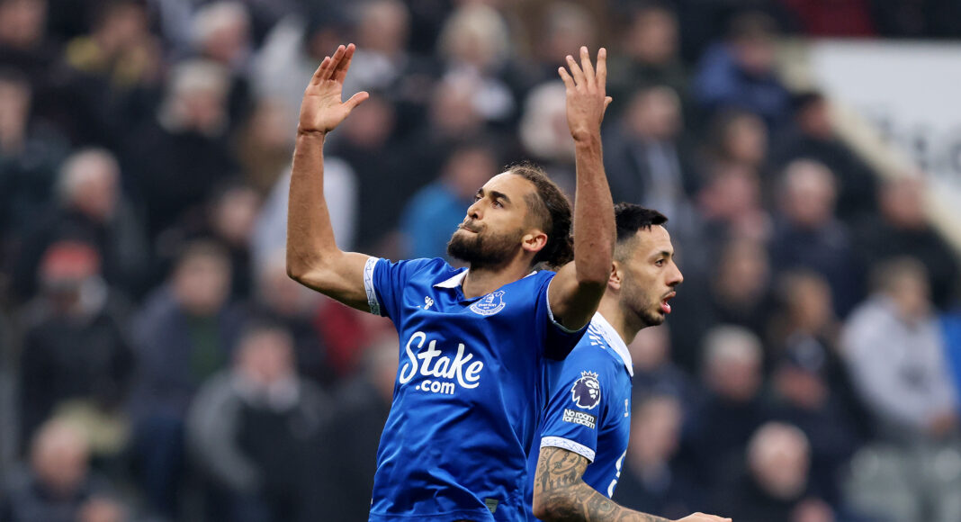 Dominic Calvert-Lewin of Everton celebrates scoring his team's first goal from a penalty kick during the Premier League match between Newcastle United and Everton FC at St. James Park on April 02, 2024 in Newcastle upon Tyne, England.