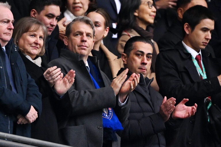 Todd Boehly and Behdad Eghbali Co-Owners of Chelsea, applaud in the stand prior to the Carabao Cup Final match between Chelsea and Liverpool at Wembley Stadium on February 25, 2024 in London, England.