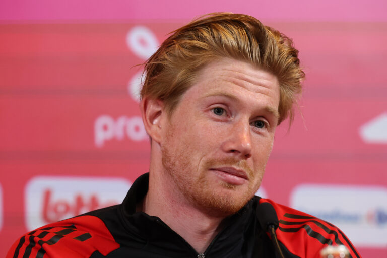 Man City player Kevin De Bruyne gives a press conference following a training session as part of the Belgium team's preparation for the Euro 2024 European football championships at the Royal Belgian Football Association's training center in Tubize, on June 4, 2024.