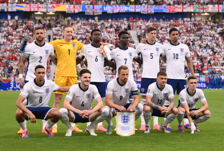 Players of England pose for a team photograph prior to the UEFA EURO 2024 group stage match between Denmark and England at Frankfurt Arena on June 20, 2024 in Frankfurt am Main, Germany.