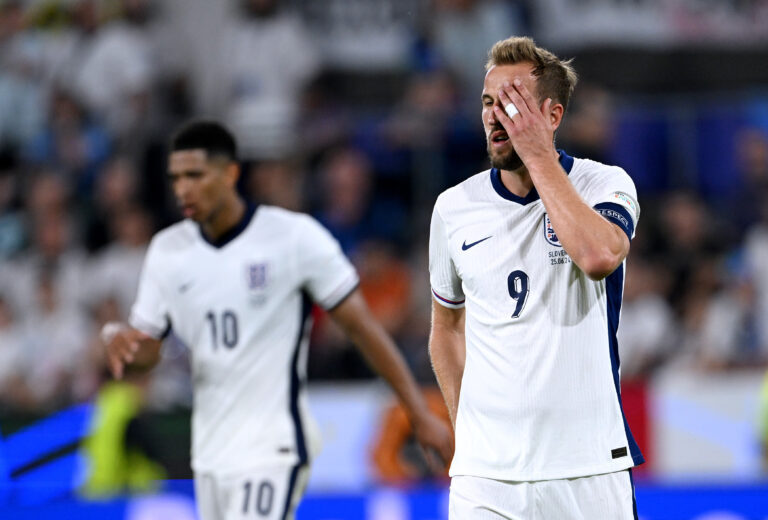 Harry Kane of England reacts during the UEFA EURO 2024 group stage match between England and Slovenia at Cologne Stadium on June 25, 2024 in Cologne, Germany.
