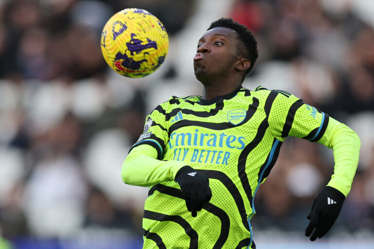 Arsenal striker Eddie Nketiah controls the ball during the English Premier League football match between West Ham United and Arsenal at the London Stadium, in London on February 11, 2024.