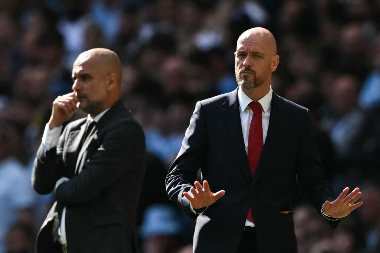 Man United manager Erik ten Hag (R) reacts next to Manchester City's Spanish manager Pep Guardiola during the English FA Cup final football match between Manchester City and Manchester United at Wembley stadium, in London, on May 25, 2024.