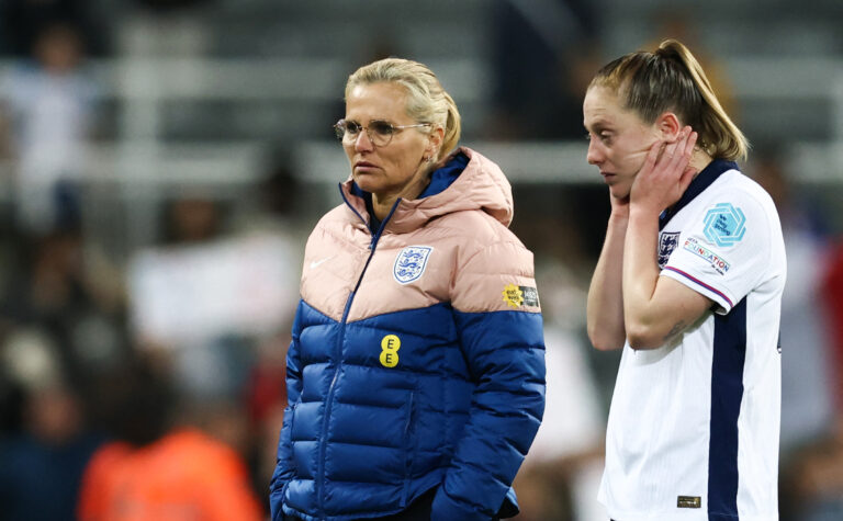 England head coach Sarina Wiegman (L) and midfielder #04 Keira Walsh reacts at the end of the UEFA Women's Euro 2025 League A Group 3 qualifying football match between England and France at St James' Park stadium in Newcastle, northern England, on May 31, 2024. France wins 2 - 1 against England.