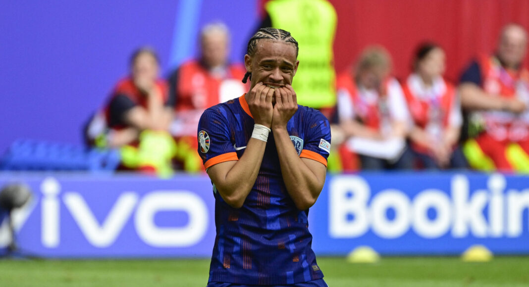 PSG forward Xavi Simons reacts during the UEFA Euro 2024 Group D football match between Poland and the Netherlands at the Volksparkstadion in Hamburg on June 16, 2024.