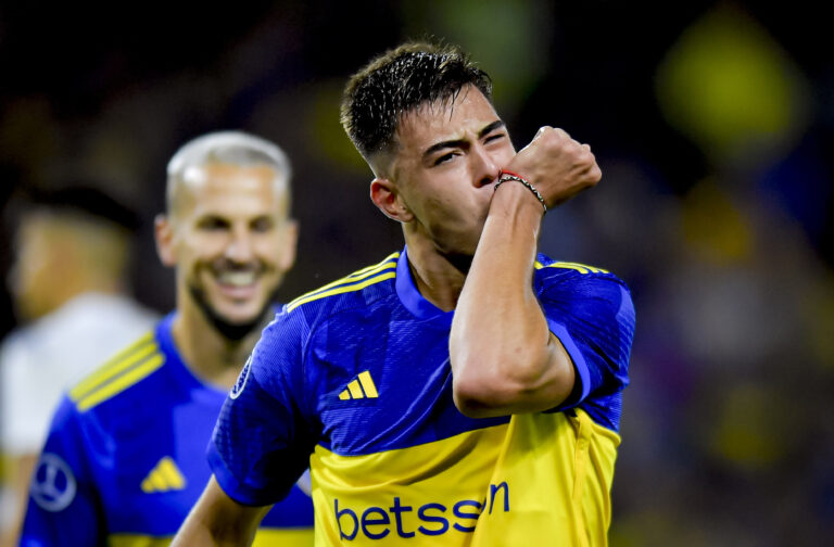Aaron Anselmino of Boca Juniors celebrates after scoring the team's first goal during the Copa CONMEBOL Sudamericana 2024 group D match between Boca Juniors and Sportivo Trinidense at Estadio Alberto J. Armando on April 9, 2024 in Buenos Aires, Argentina.
