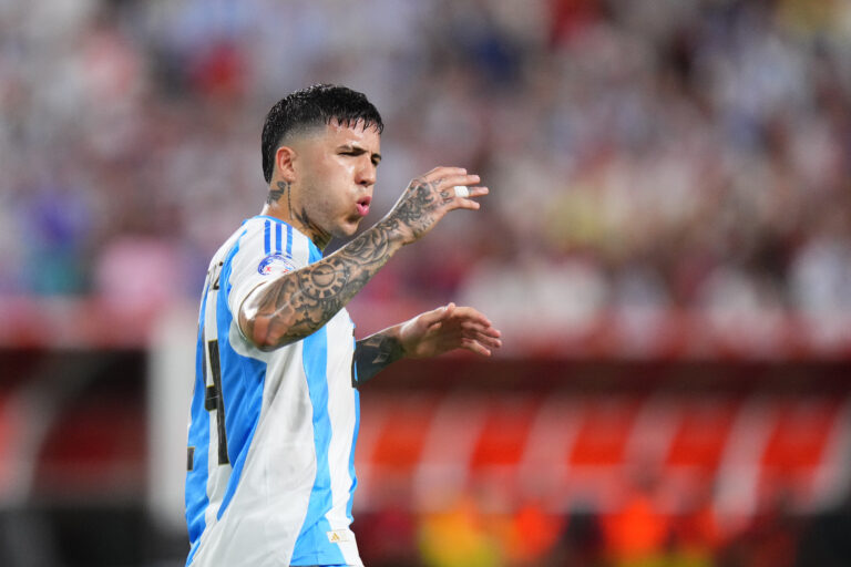 Chelsea star Enzo Fernandez reacts during the CONMEBOL Copa America 2024 Group A match between Argentina and Peru at Hard Rock Stadium on June 29, 2024 in Miami Gardens, Florida.