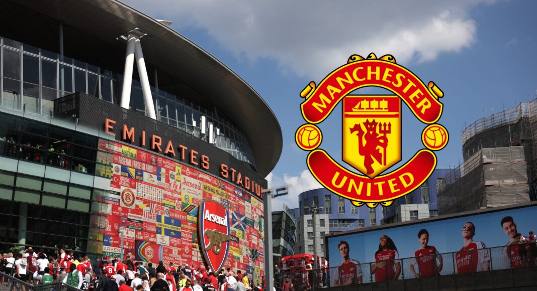 A general view of the Emirates Stadium as fans make their way inside prior to the Premier League match between Arsenal FC and Everton FC at Emirates Stadium on May 19, 2024 in London, England, next to the Man United crest.