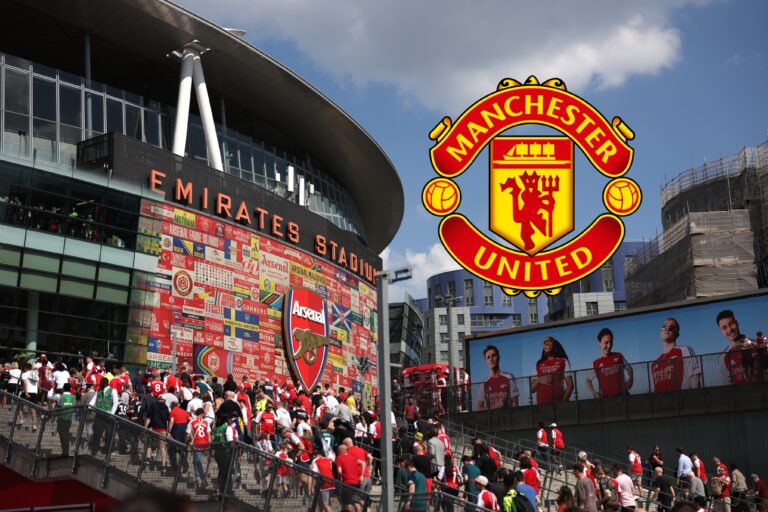 A general view of the Emirates Stadium as fans make their way inside prior to the Premier League match between Arsenal FC and Everton FC at Emirates Stadium on May 19, 2024 in London, England, next to the Man United crest.