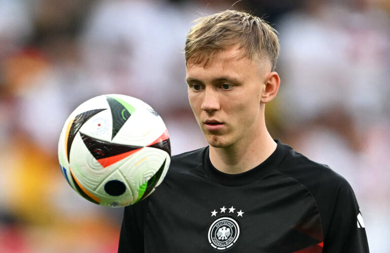 Chelsea and Aston Villa transfer target Maximilian Beier warms up ahead of the UEFA Euro 2024 round of 16 football match between Germany and Denmark at the BVB Stadion Dortmund in Dortmund on June 29, 2024.