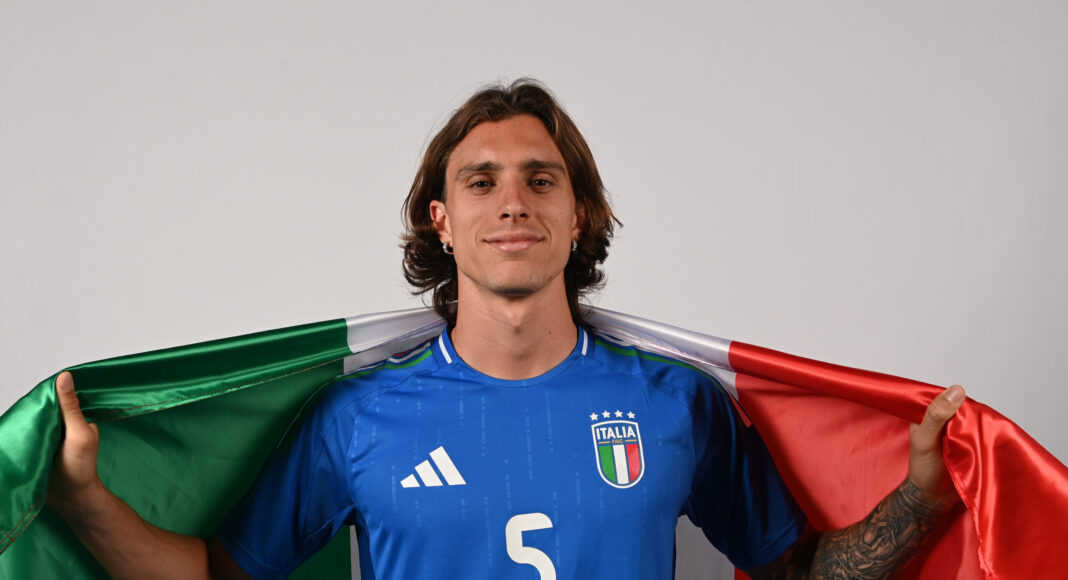 Arsenal transfer target Riccardo Calafiori poses for a portrait during the Italy portrait session ahead of the UEFA EURO 2024 Germany at Centro Tecnico Federale di Coverciano on June 08, 2024 in Florence, Italy.